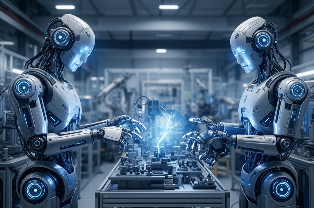 Futuristic robots collaborating in a factory setting