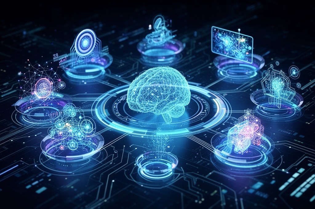 futuristic ensemble of AI models working together, tech style