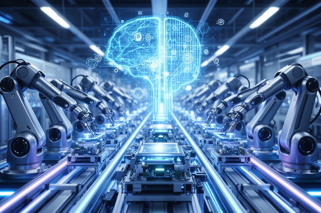 Futuristic robotic assembly line with AI integration, futuristic concept