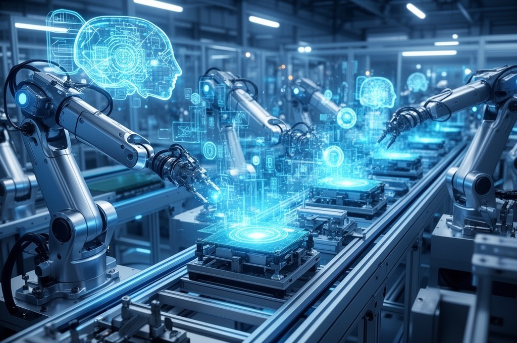 Futuristic robotic assembly line with AI integration