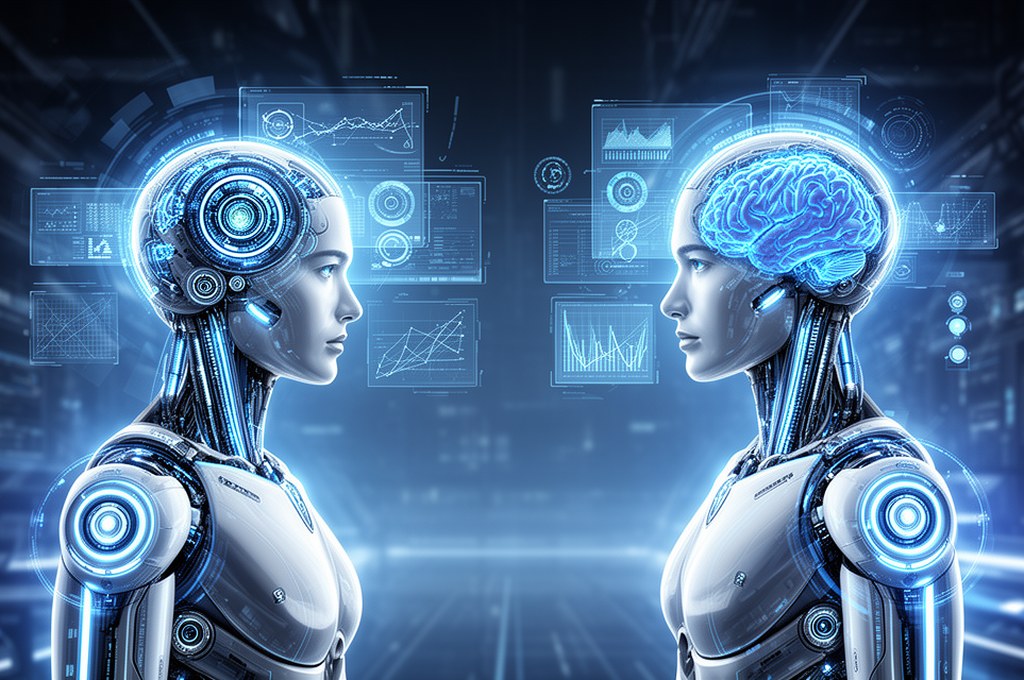 Futuristic concept of AI models evaluating each other's outputs. Futuristic concept.