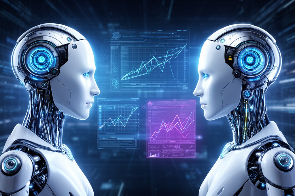 Futuristic concept of AI models evaluating each other's outputs