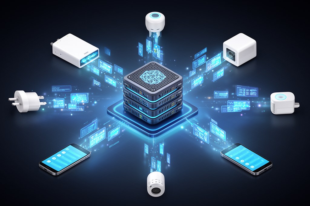Abstract 3D visualization of a central AI server communicating with various edge devices like smartp