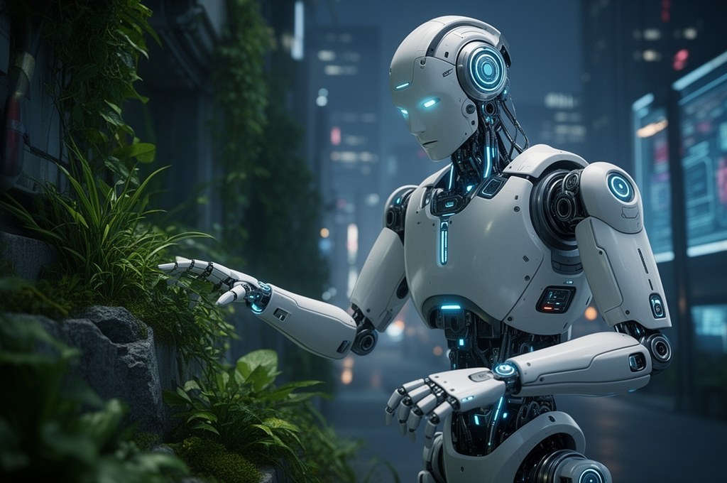 Futuristic robot with physical embodiment interacting with environment