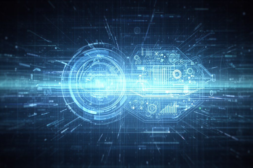 AI data processing with futuristic technology overlay