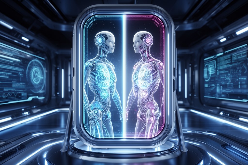 futuristic concept of an AI mirroring user's beliefs