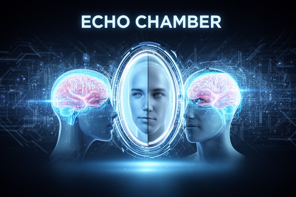 A digital echo chamber concept with AI mirroring human thoughts