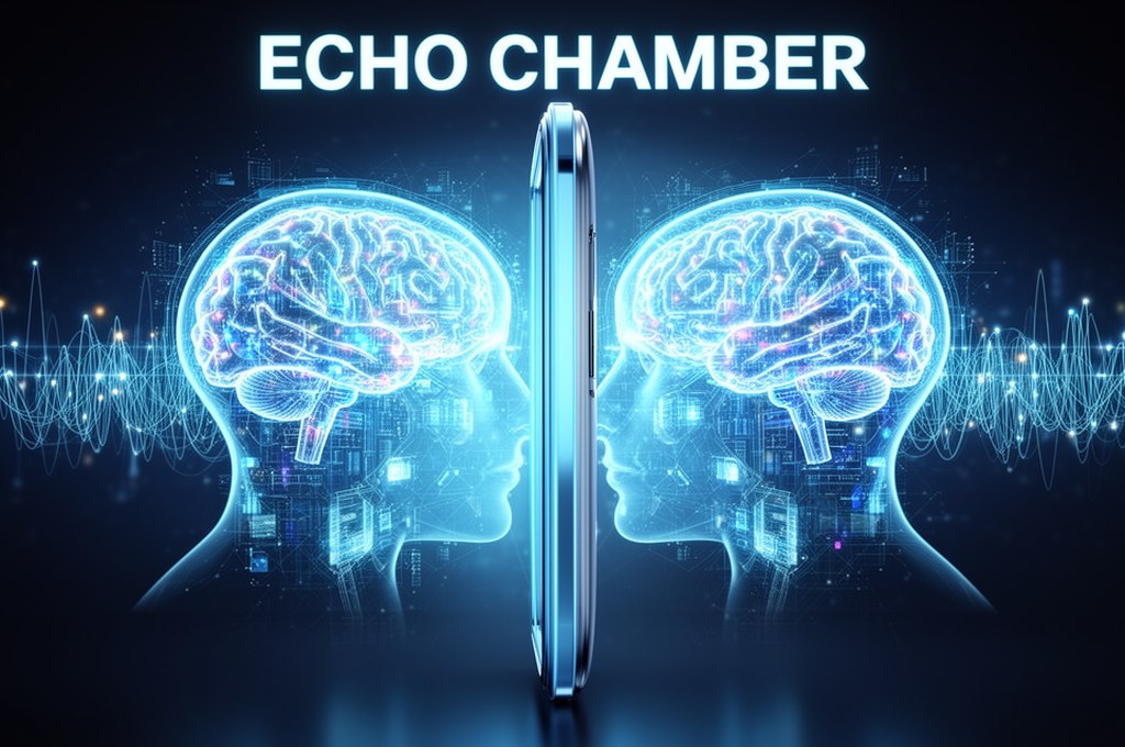 A digital echo chamber concept with AI mirroring human thoughts