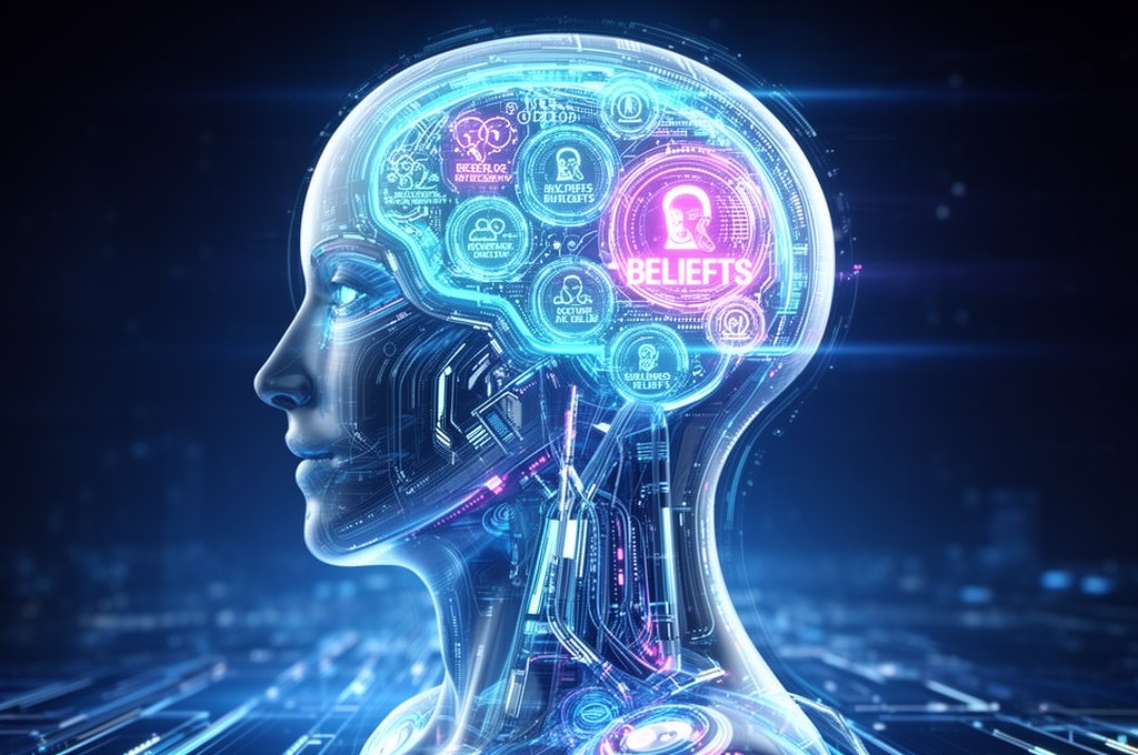 futuristic AI model reflecting user's beliefs
