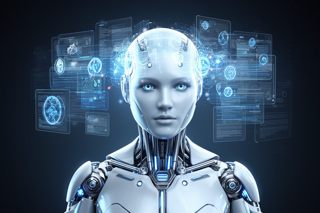 futuristic AI assistant with a virtual memory interface