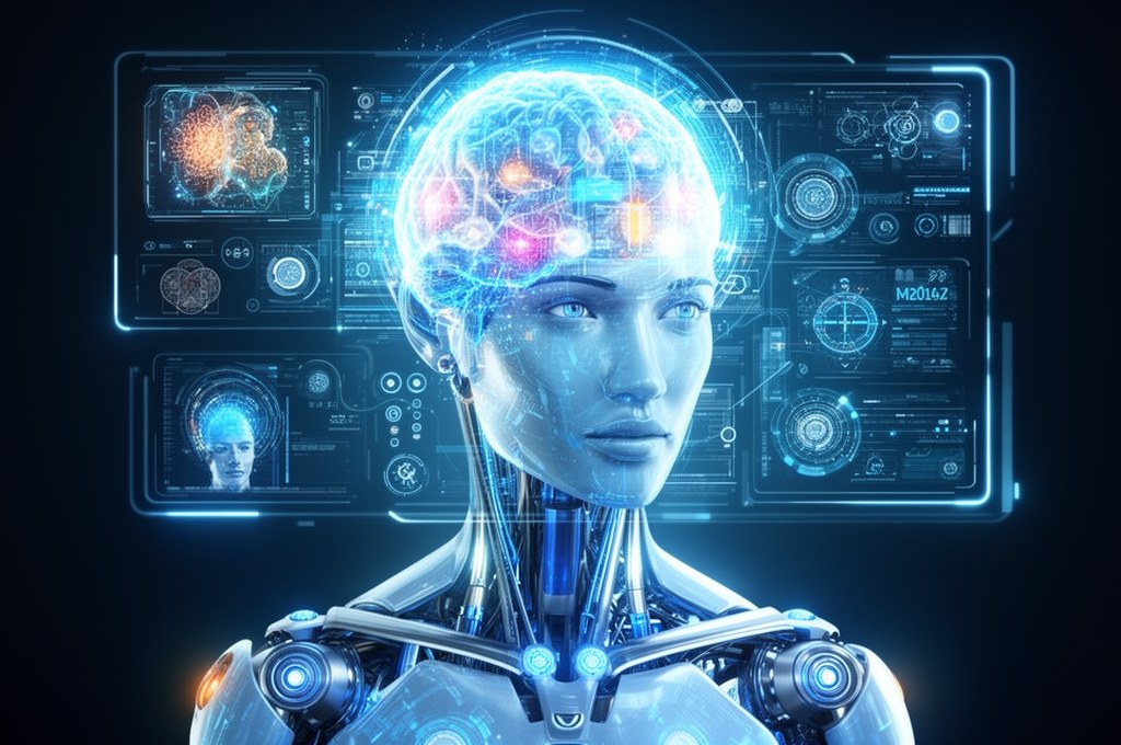 futuristic AI assistant with a virtual memory interface