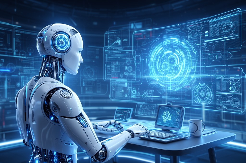 futuristic AI learning in a virtual environment, tech style