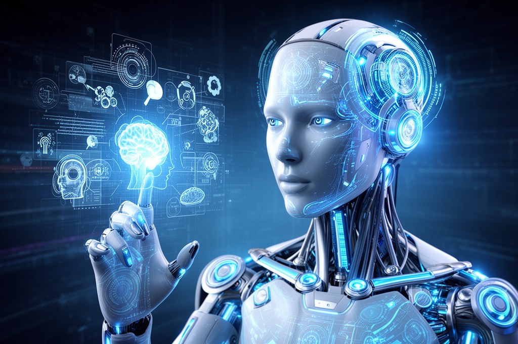 Futuristic AI model interacting with human concepts, futuristic style