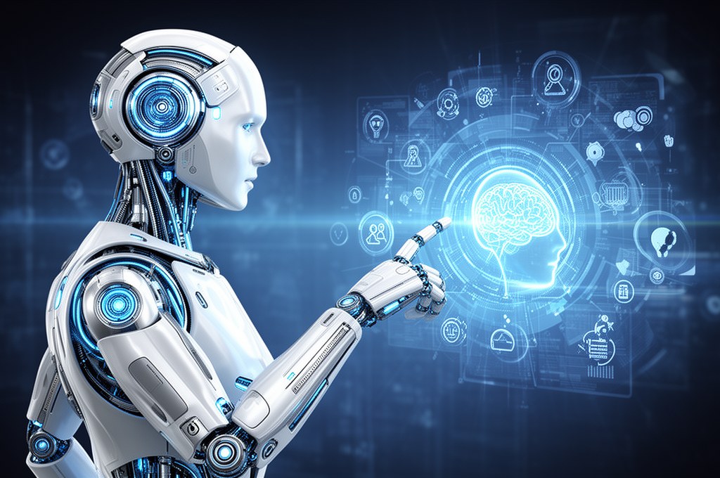 Futuristic AI model interacting with human concepts, futuristic style
