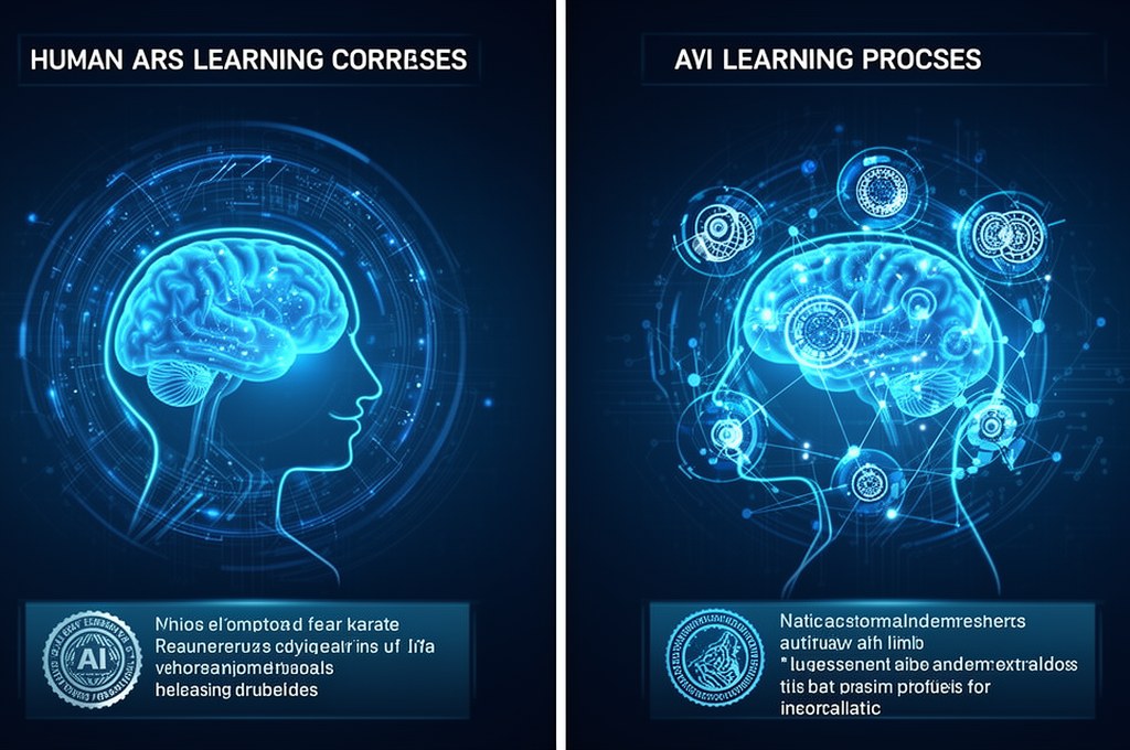Illustration comparing human and AI learning processes in a tech style