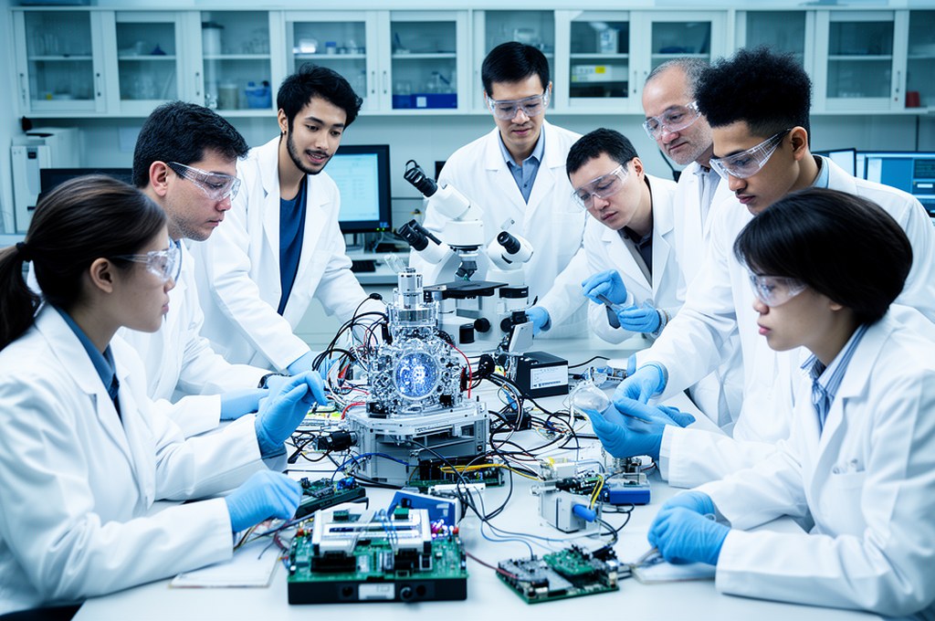 diverse group of scientists collaborating on AI development