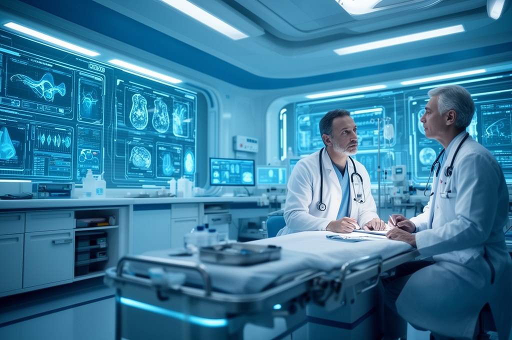 AI co-pilot assisting a doctor in a futuristic hospital setting