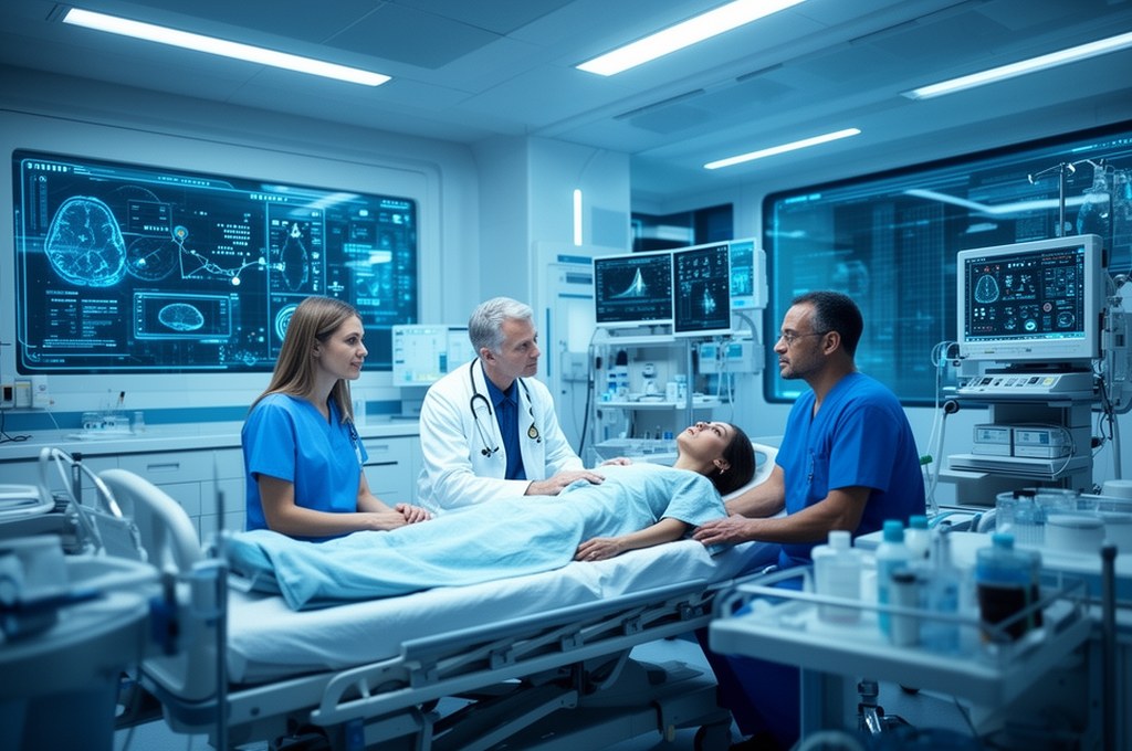 AI co-pilot assisting a doctor in a futuristic hospital setting