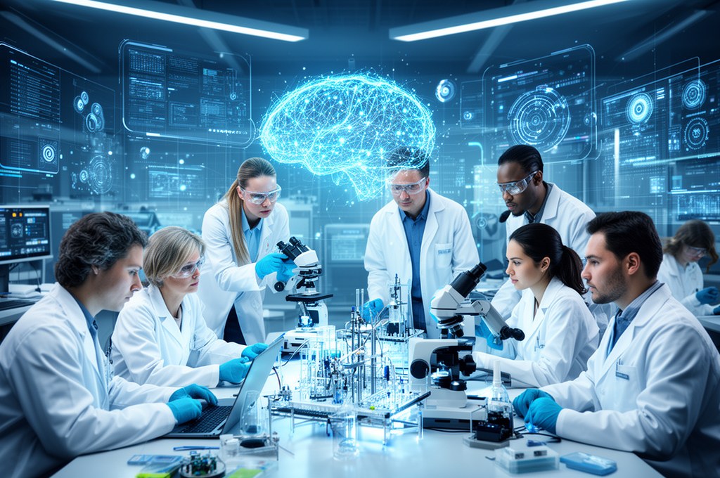 diverse team of researchers collaborating on AI development, futuristic concept