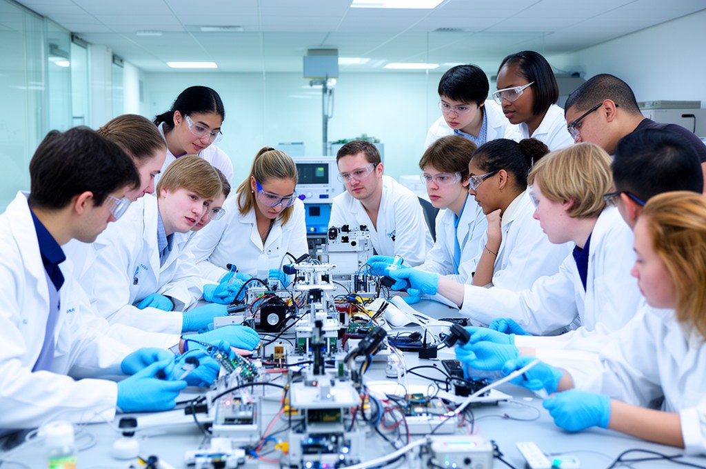 diverse team of researchers collaborating on AI development