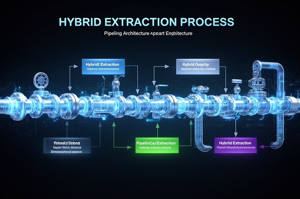 Pipeline architecture diagram showing hybrid extraction process, futuristic concept