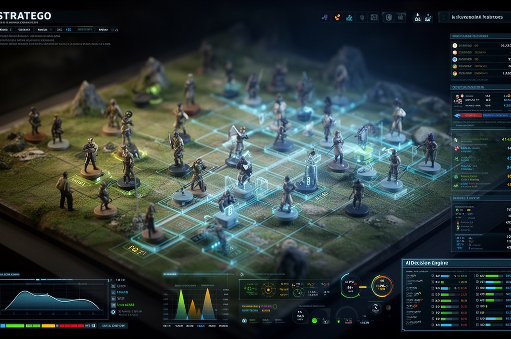 A dramatic digital Stratego-like battlefield with hidden pieces, probability overlays, and an AI dec
