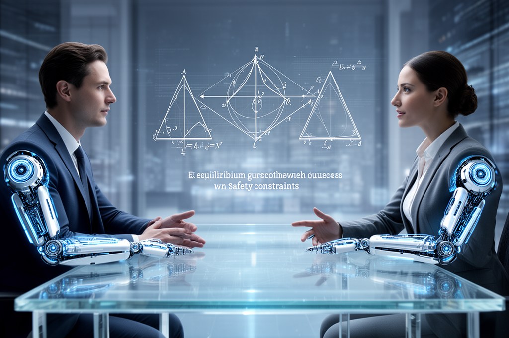 Human and AI agents negotiating around a transparent table, with mathematical equilibrium diagrams a