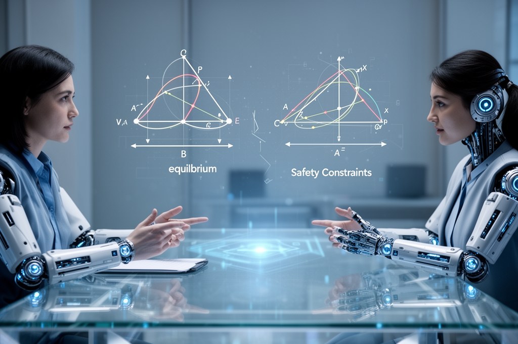 Human and AI agents negotiating around a transparent table, with mathematical equilibrium diagrams a