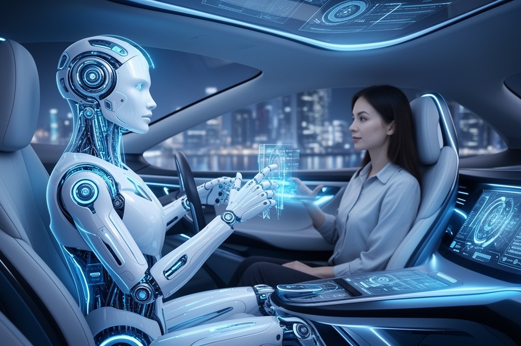 Futuristic AI model interacting with a human in an autonomous vehicle setting