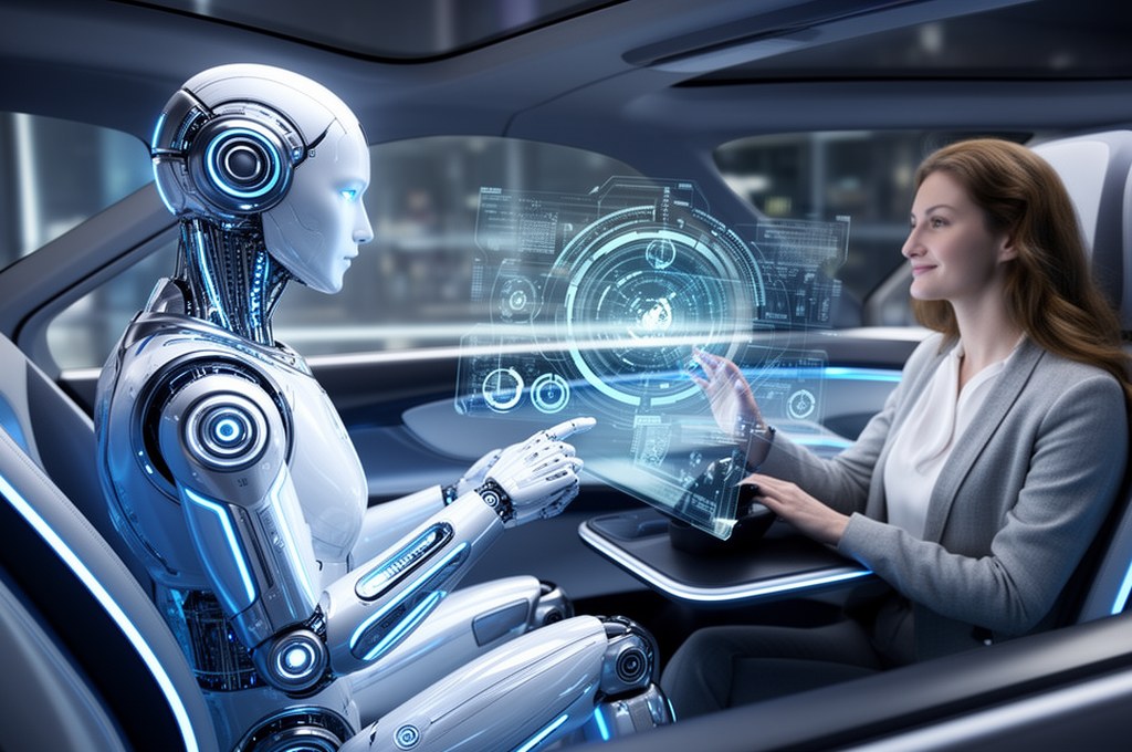 Futuristic AI model interacting with a human in an autonomous vehicle setting
