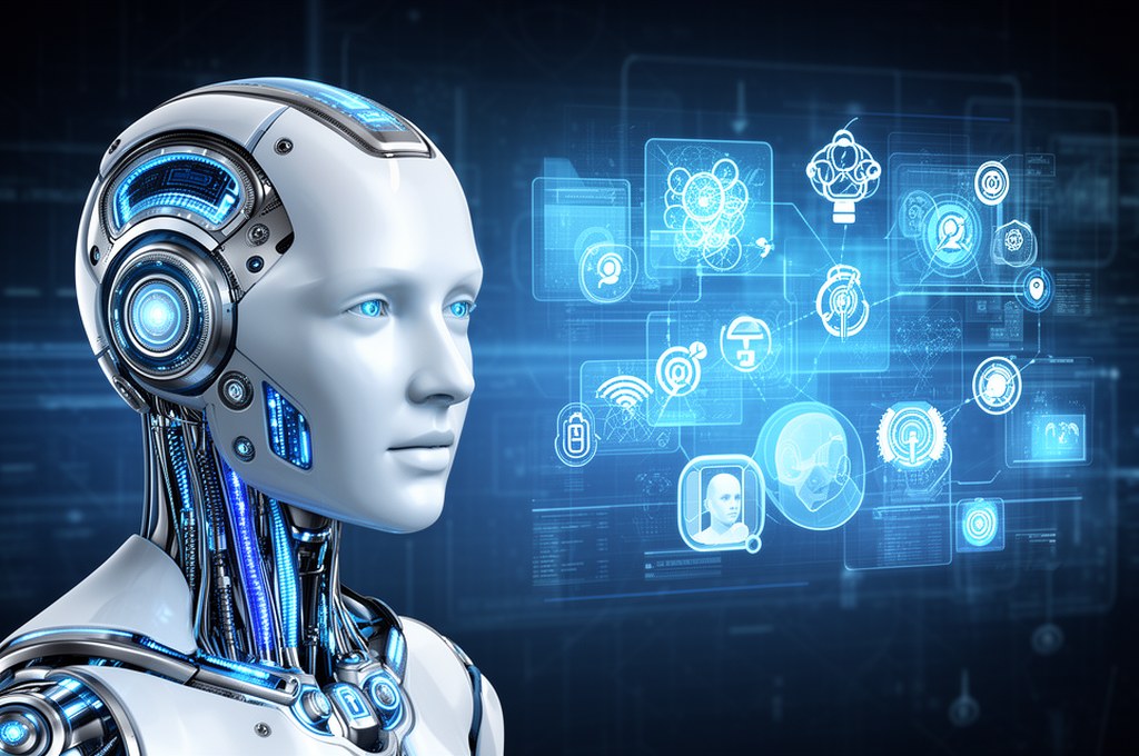 Futuristic AI model interacting with concepts in a digital space