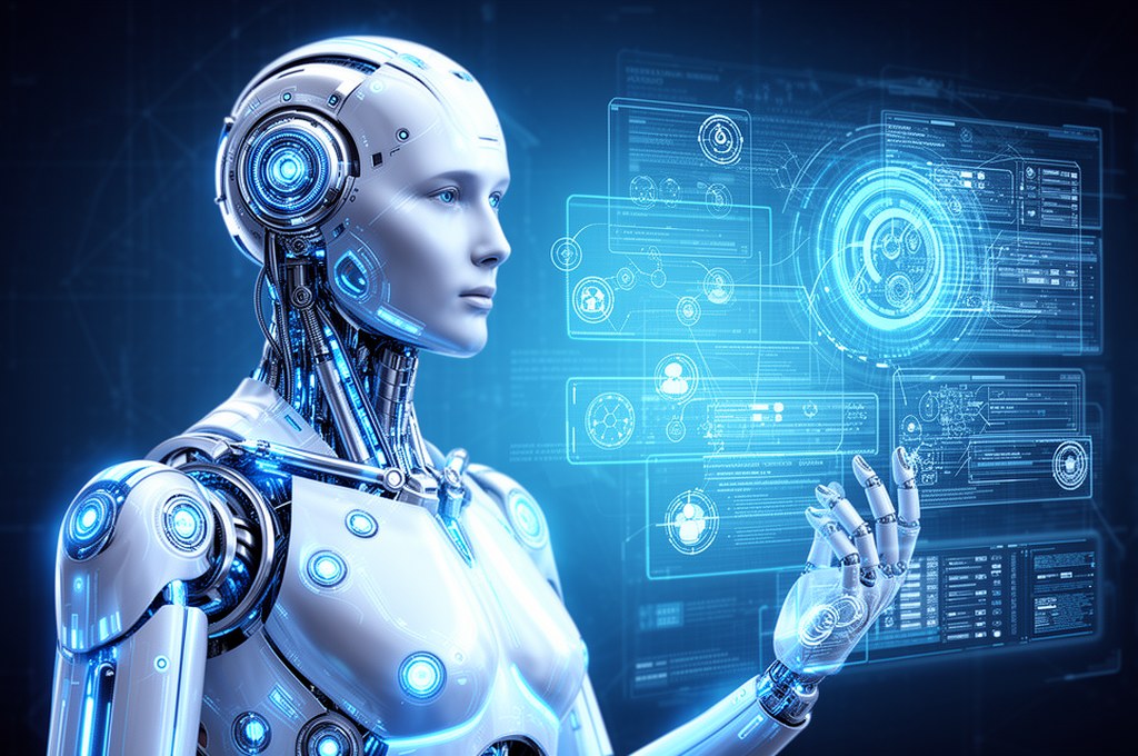 Futuristic AI model interacting with concepts in a digital space