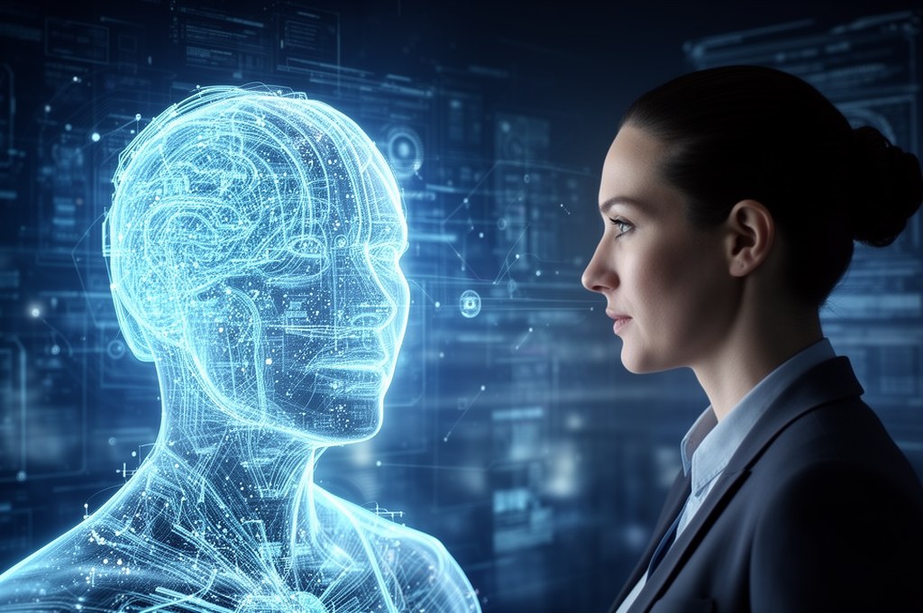 AI explaining its predictions to a human, futuristic concept